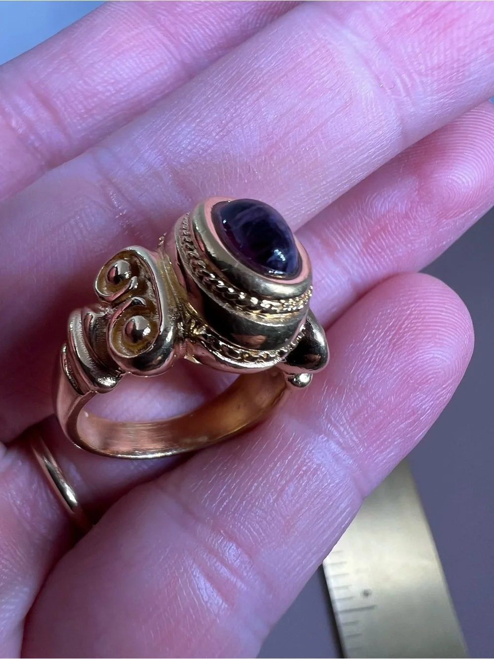 Gold-Tone Women's Ring with Purple Cabochon Stone